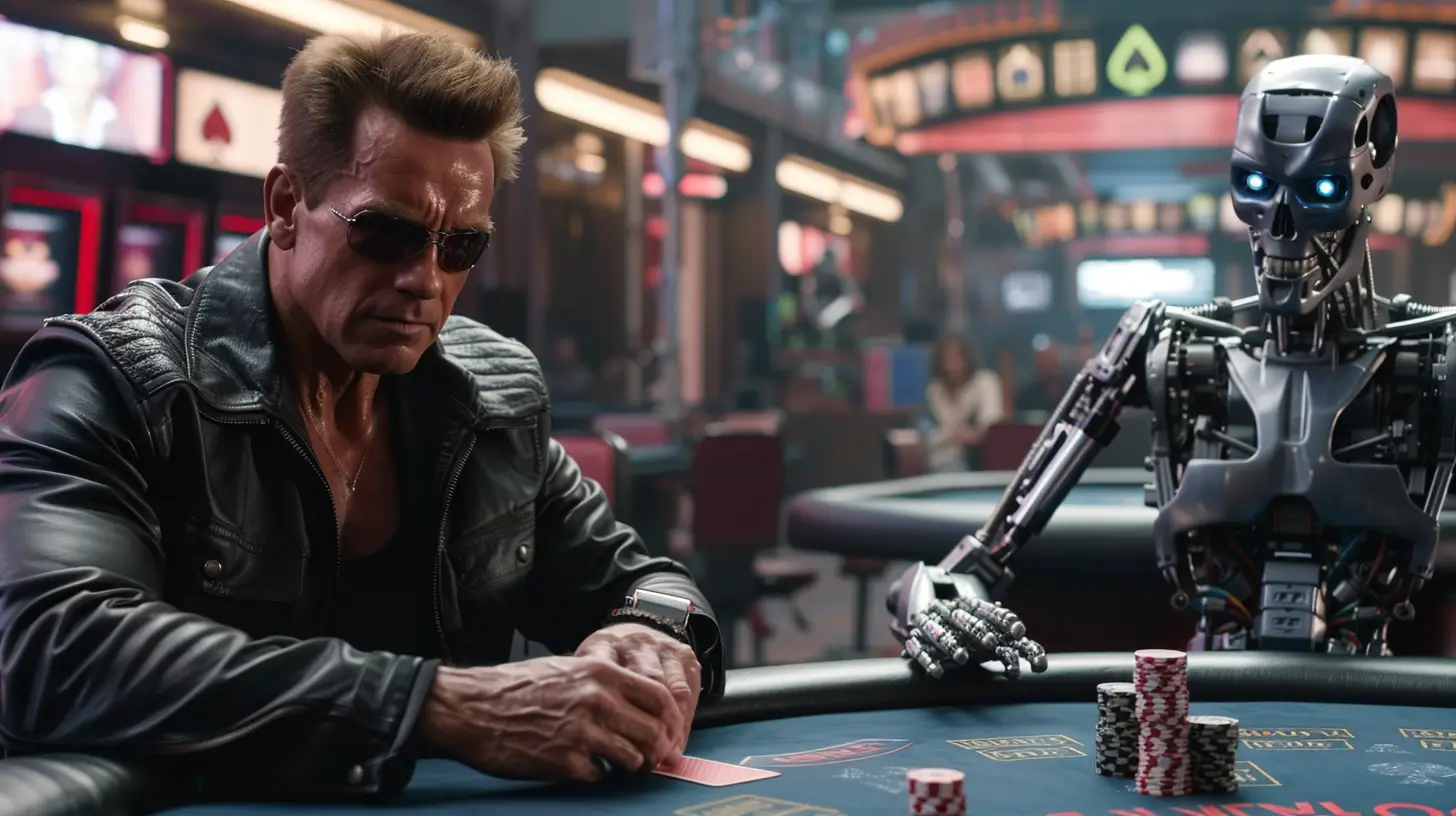 Arnold Schwarzenegger playing poker against a robot, depicting pot odds