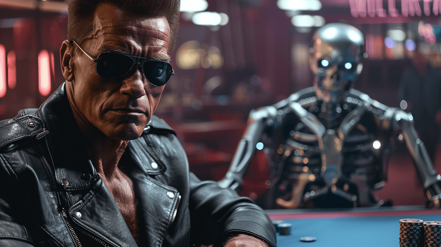 Arnold Schwarzenegger playing poker against a robot, depicting pot odds