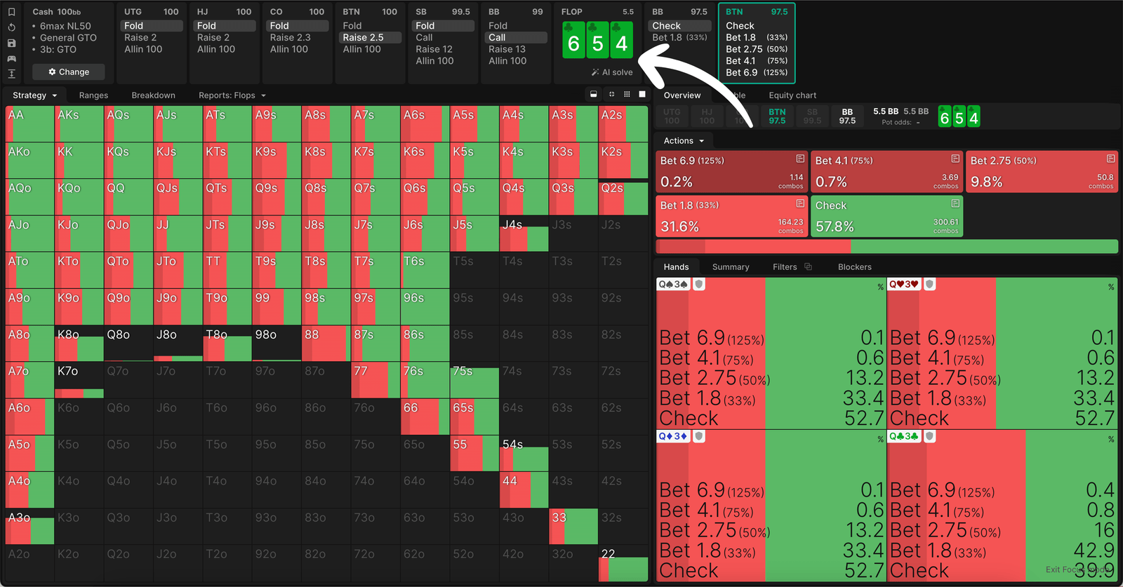 Button's GTO strategy against big blind on 6c5c4c flop