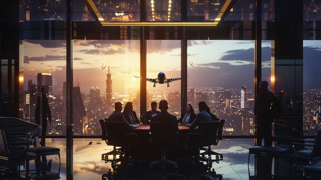 Plane approaching penthouse where poker players are playing poker at a poker table