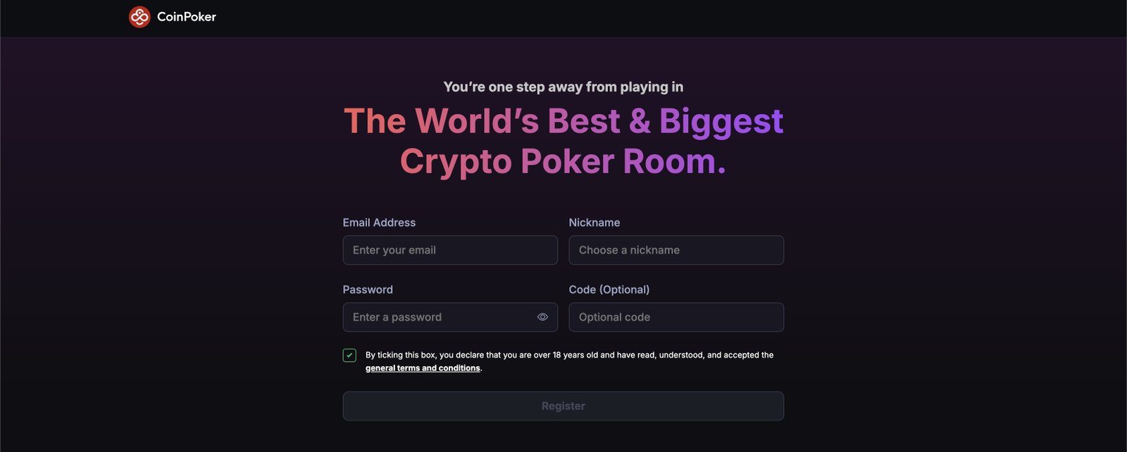 CoinPoker sign up page