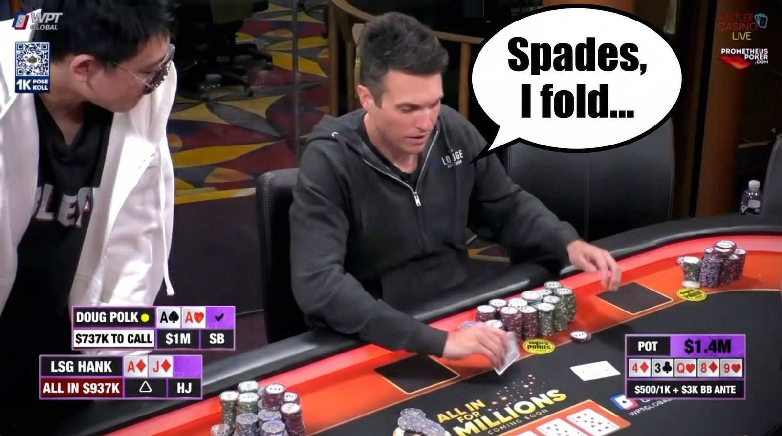 Doug Polk mixing his decision by shuffling his hole cards then turning it over
