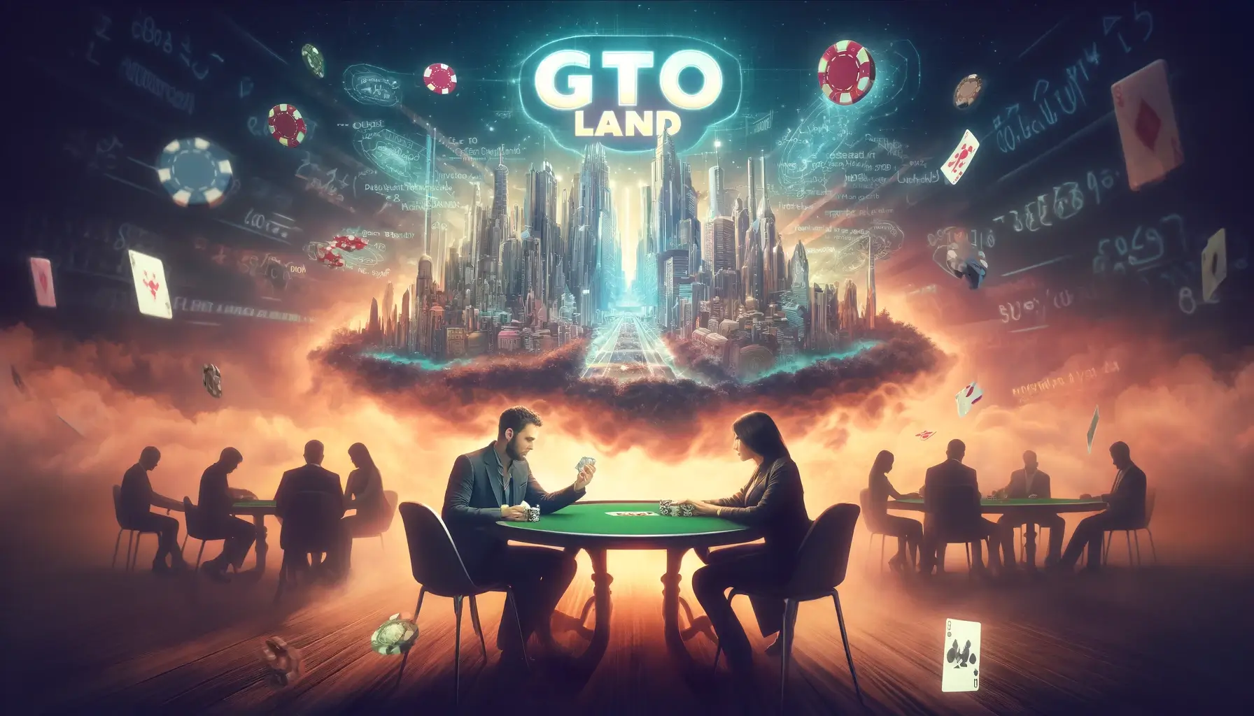 Poker players playing with GTO land in the background