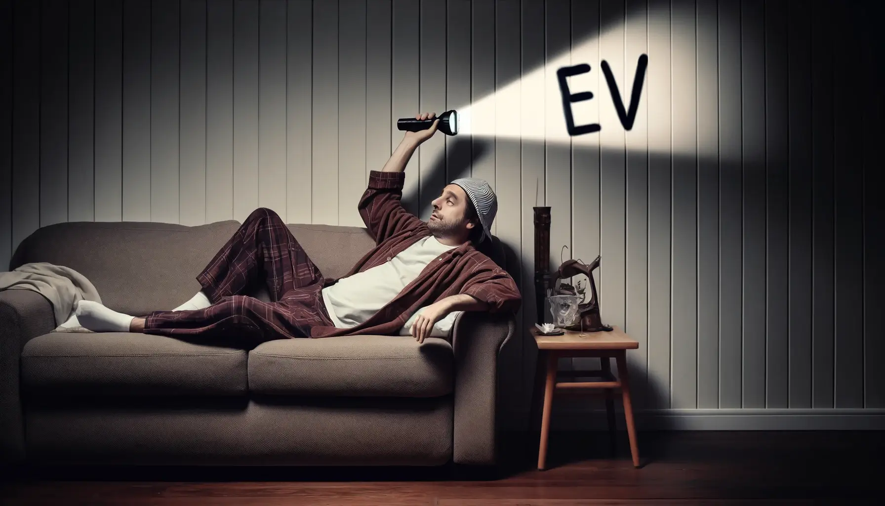 Guy shining flashlight on wall revealing the letters EV
