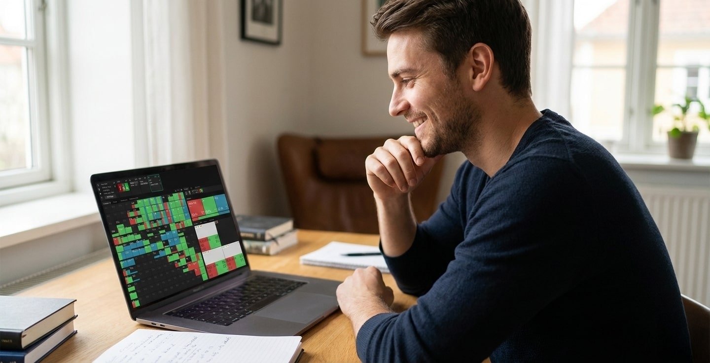 Poker player happily studying GTO charts