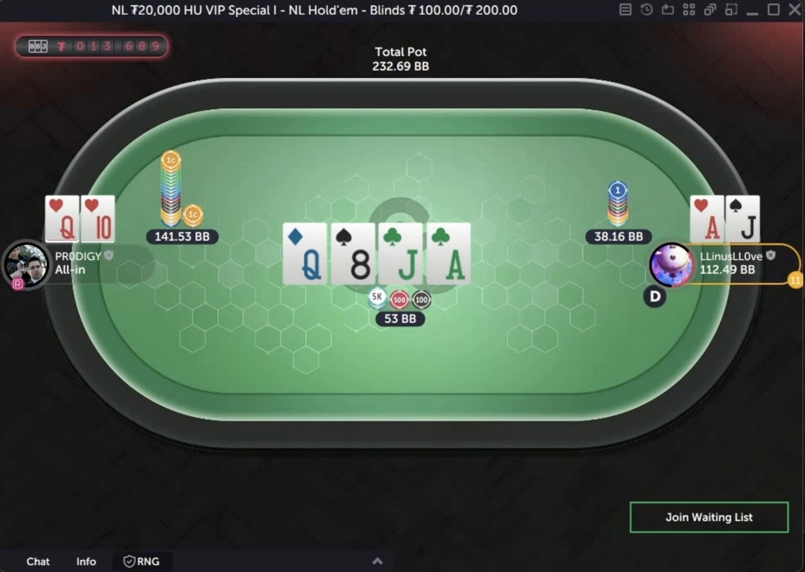 VIP Battle between LLinusLLOve (Linus Loeliger) and PRODIGY (Owen Messere) on CoinPoker