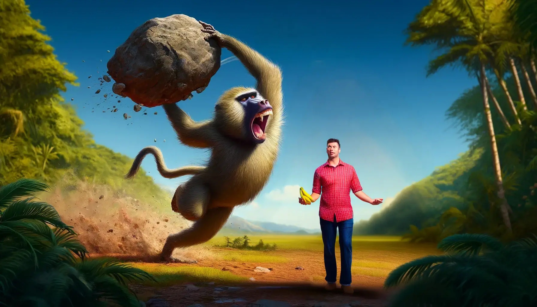 Monkey throwing rock on man after a game of rock, paper, scissors