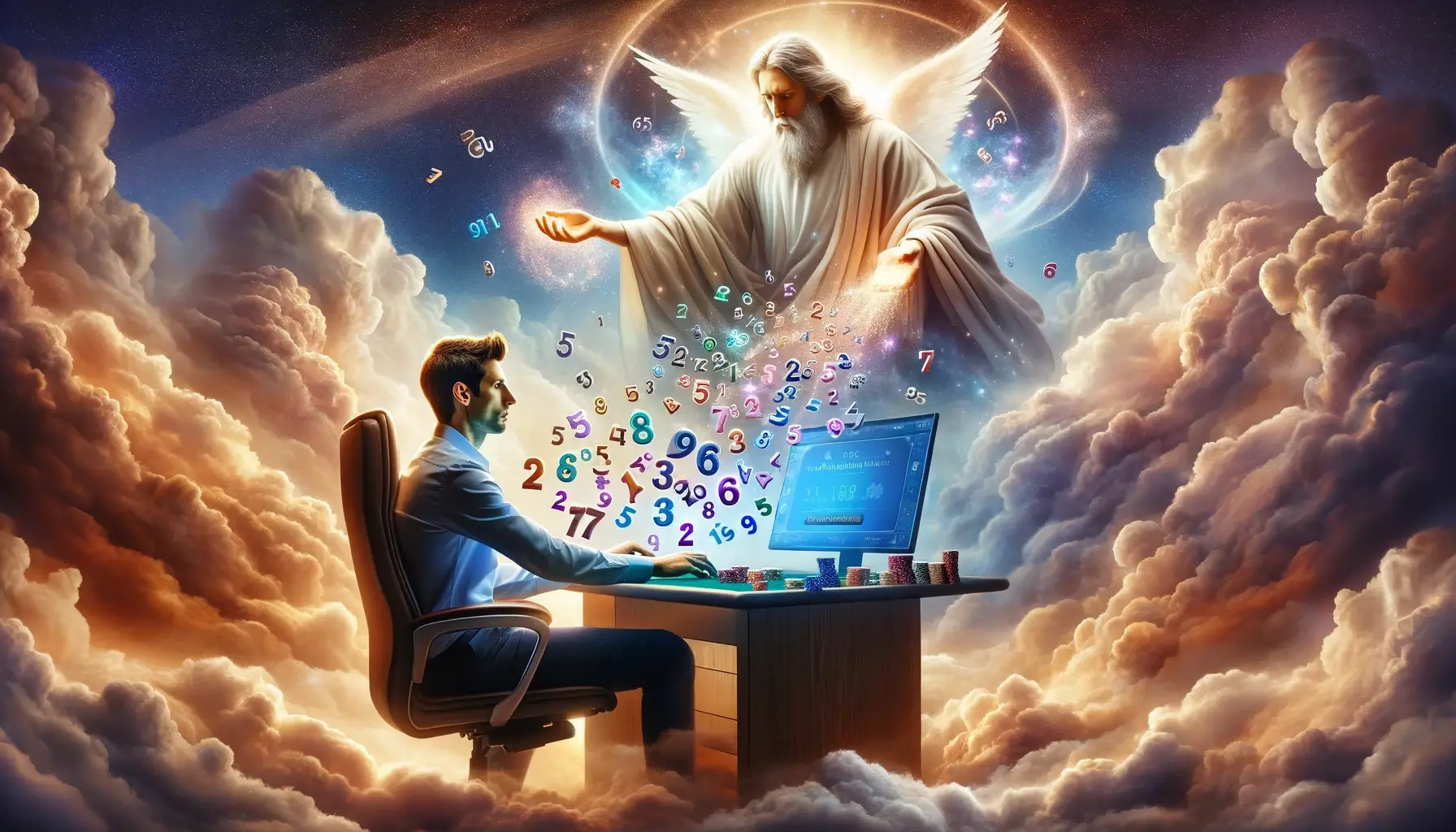 Fantastical image of the universe handing over numbers to a poker player to symbolize EV