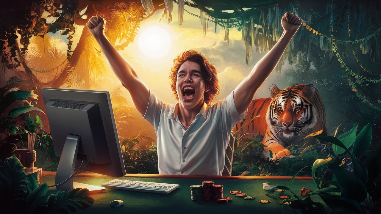 Online poker player winning with tiger sneaking up behind him