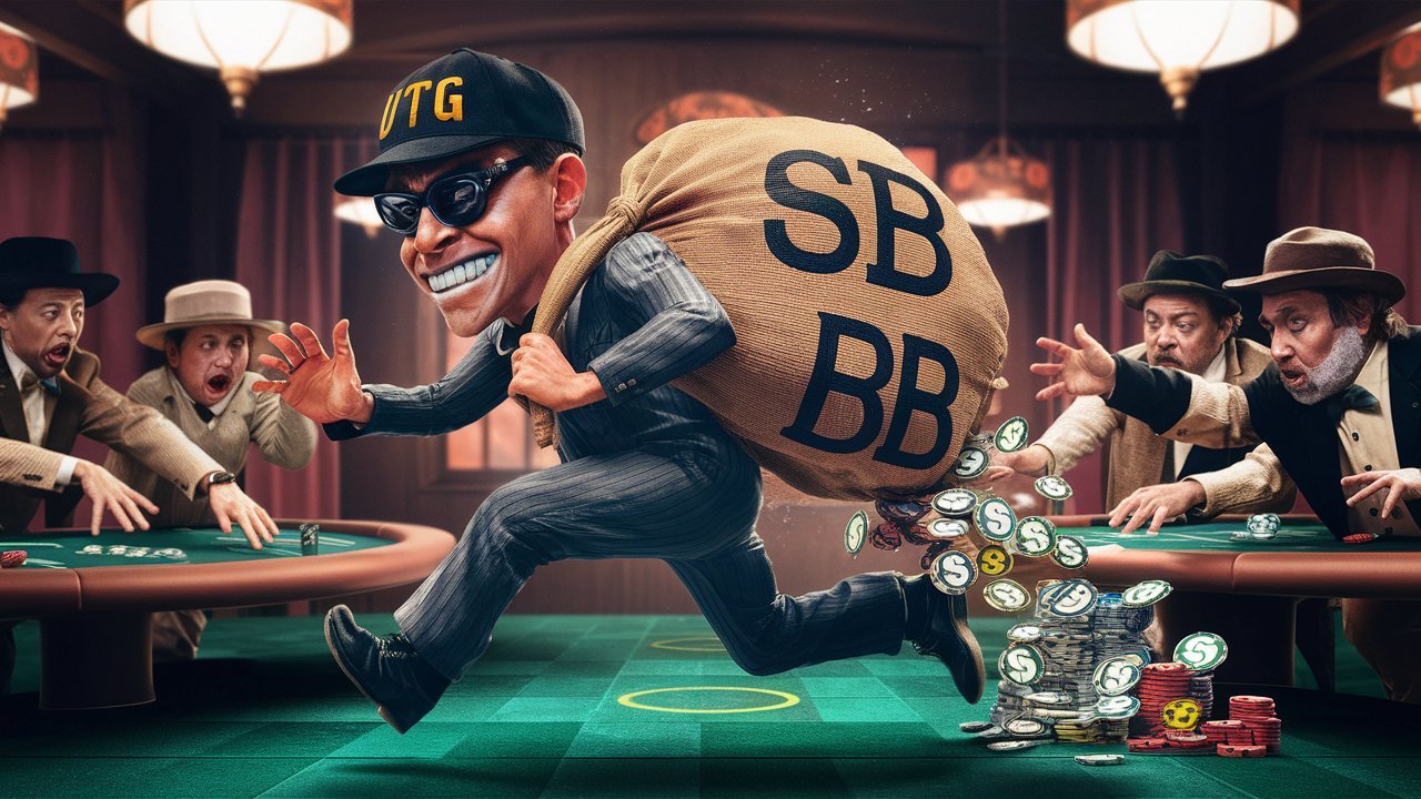Comical depiction of UTG stealing blinds in poker